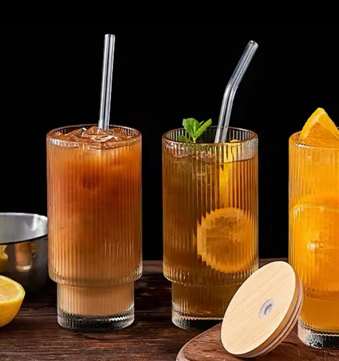 Transparent Strip Glass Cup With Bamboo Lid, Stackable Coffee Glass Cup, Reusable Smoothie Drinking Glass With Straw Transparent Strip Glass Cup With Bamboo Lid, Stackable Coffee Glass Cup, Reusable Smoothie Drinking Glass With Straw